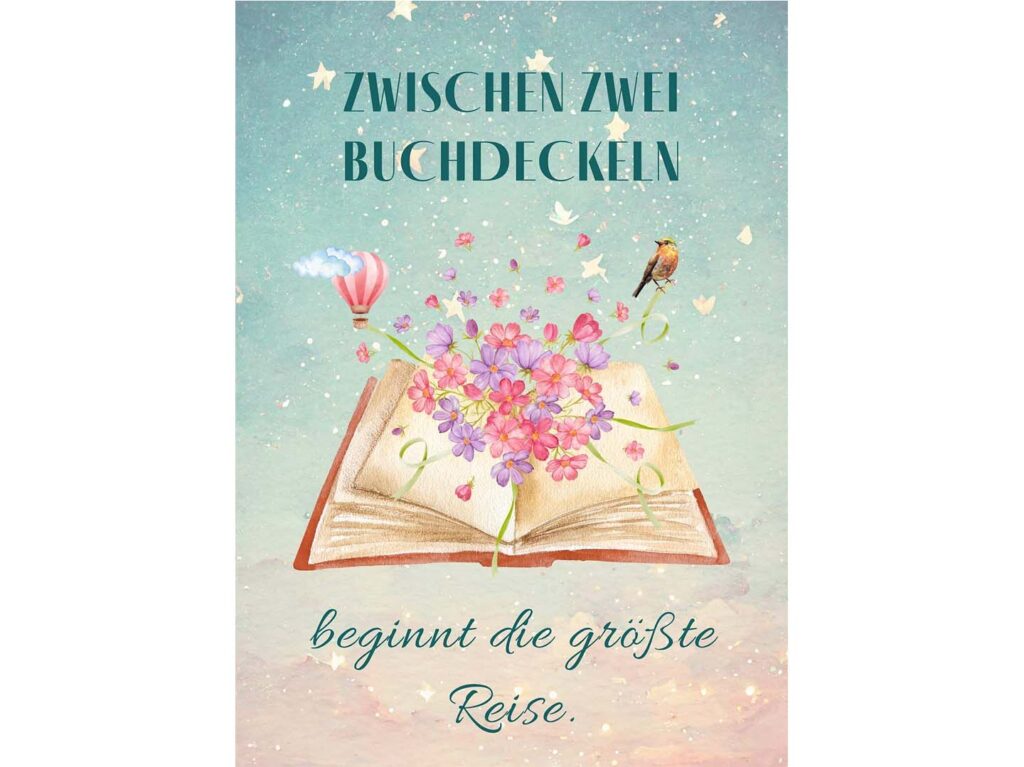 Postkarte – Zwischen zwei Buchdeckeln beginnt die größte Reise.