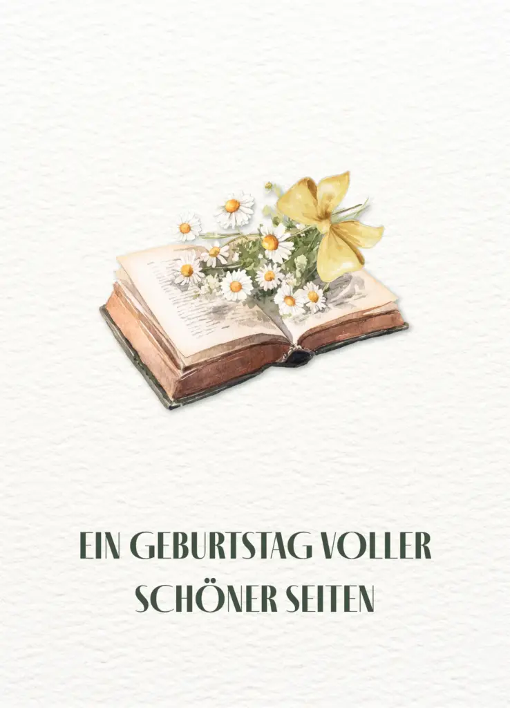 Postkarte „Ein Geburtstag voller schöner Seiten“ mit offenes Buch, Margeriten und gelbe Schleife