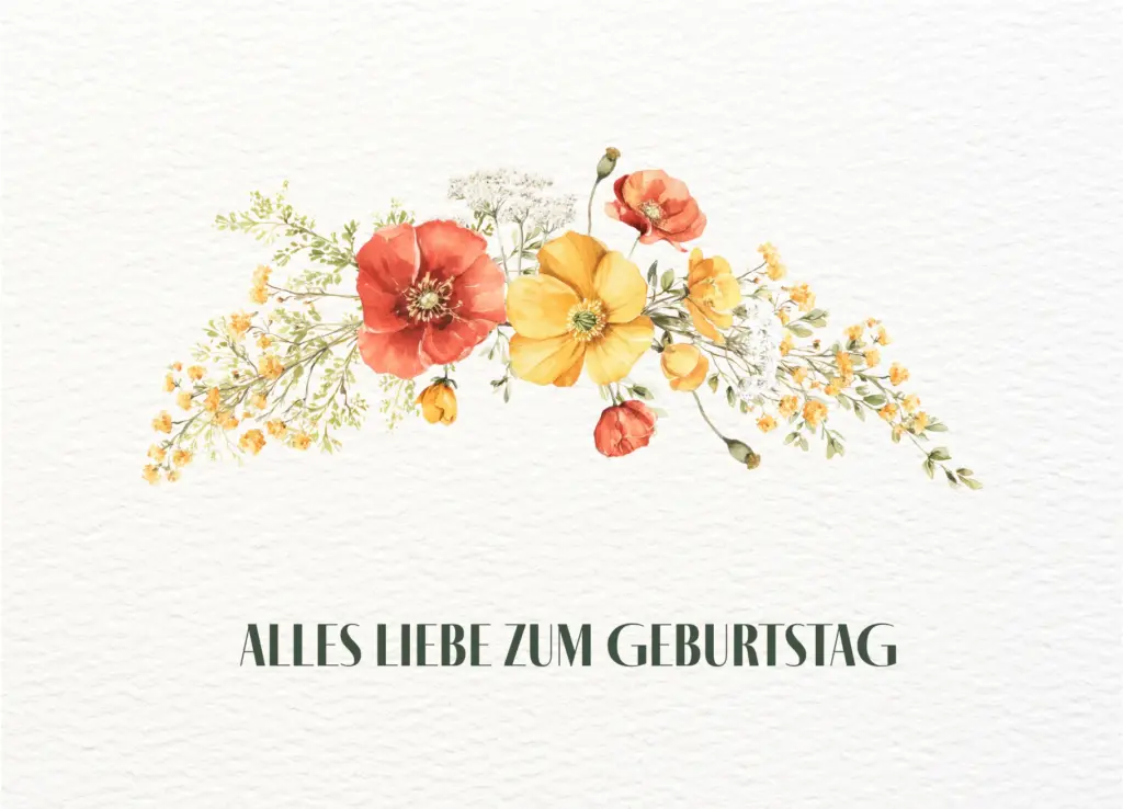 Postkarte „Alles Liebe zum Geburtstag“ mit floraler Bogen mit Mohn und gelben Blüten